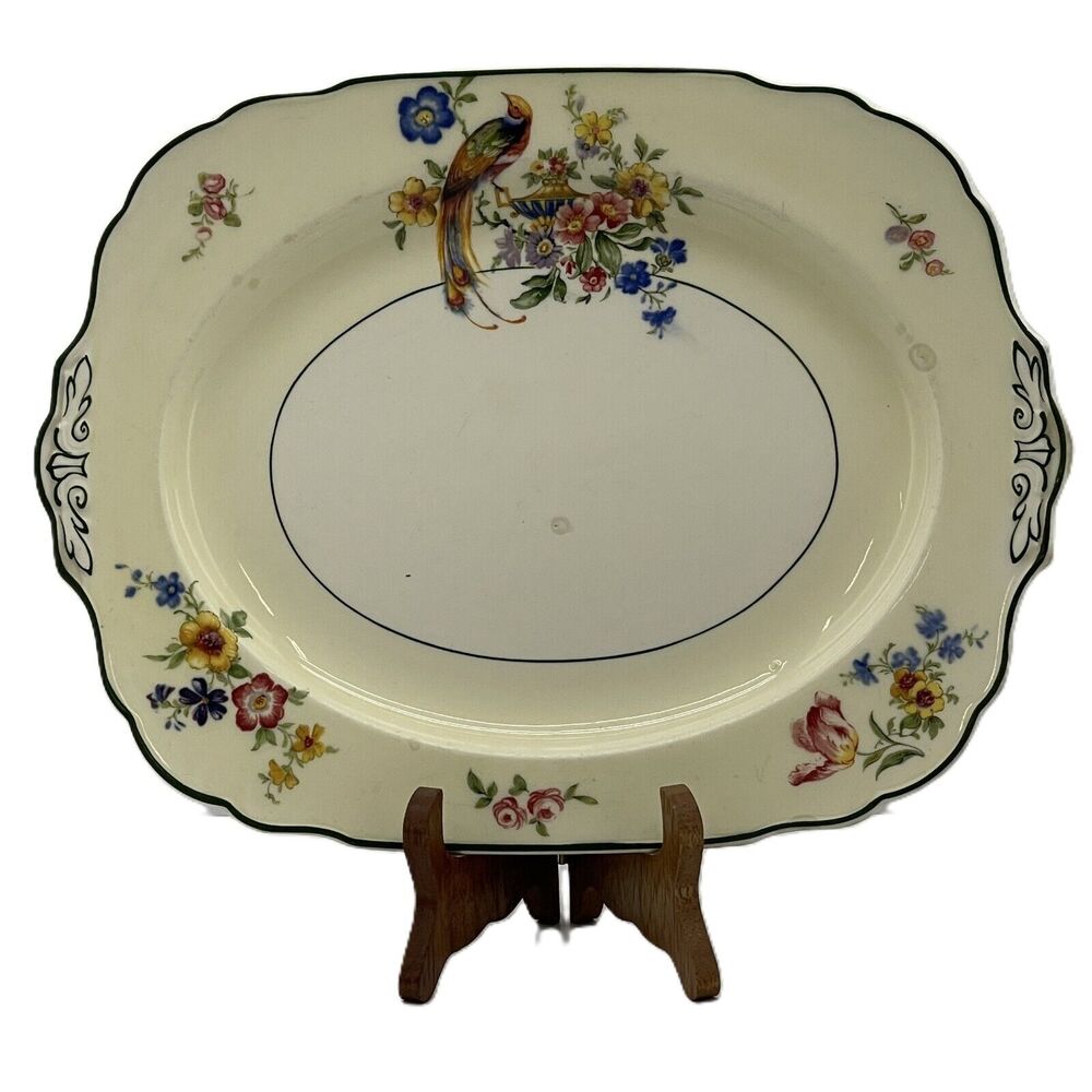 The Welbeck Windsor Ivory Floral Bird Green Trim Platter By WH Grindley & Co